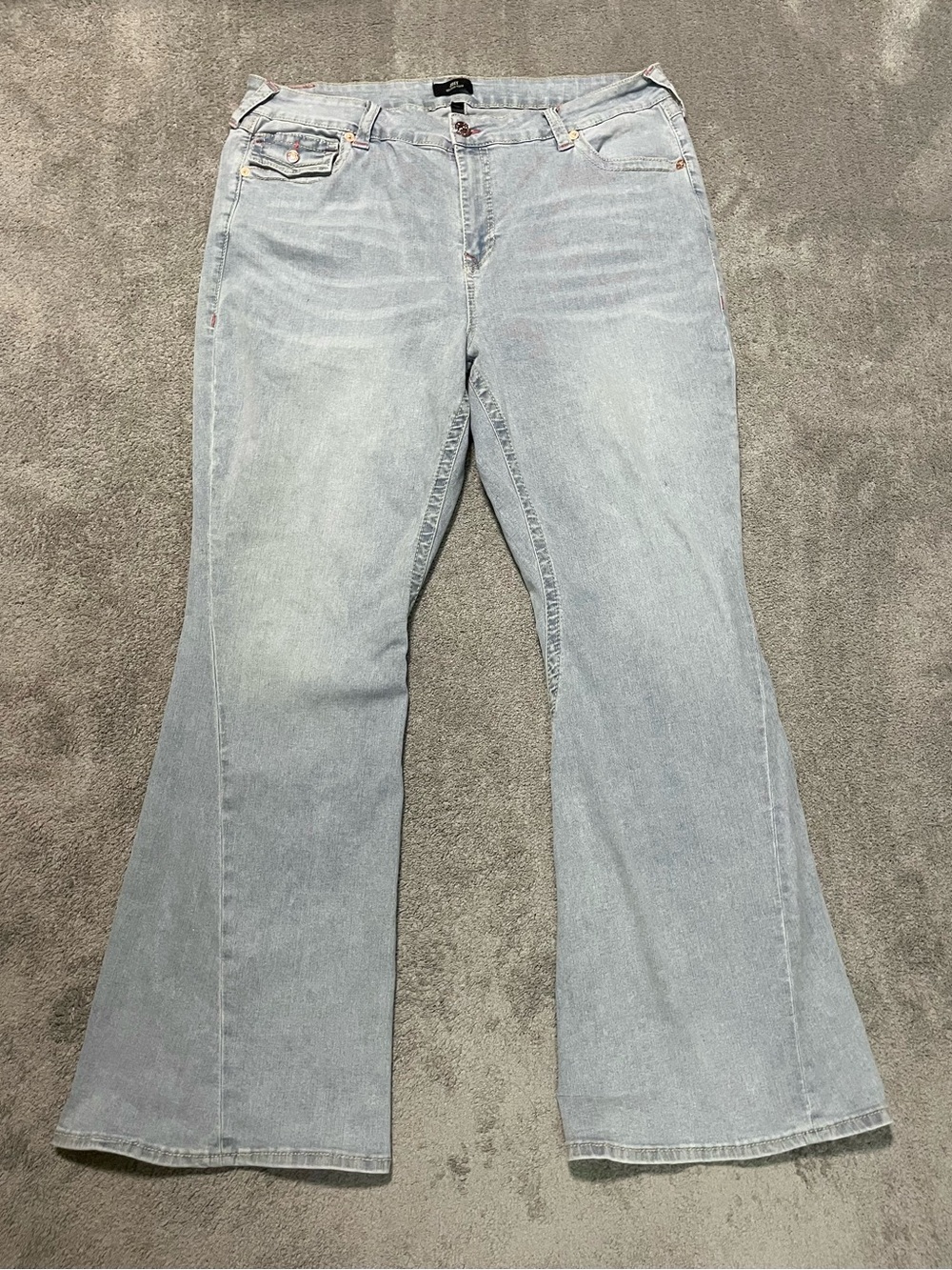 True Religion Joey Jeans Womens 40x33 Mid Rise Flare Stretch Pink Stitch Flap
